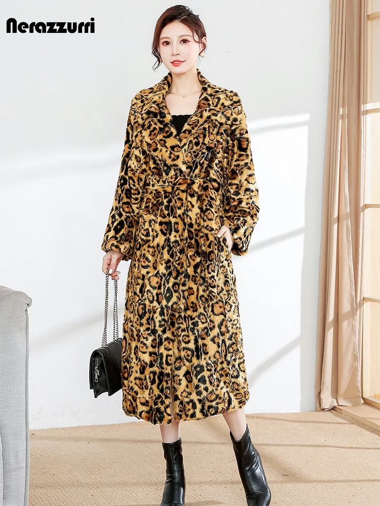 

Nerazzurri Winter Long Leopard Print Luxury Colorful Warm Fluffy Faux Mink Fur Coat Women Sashes European Furry Overcoat 2023