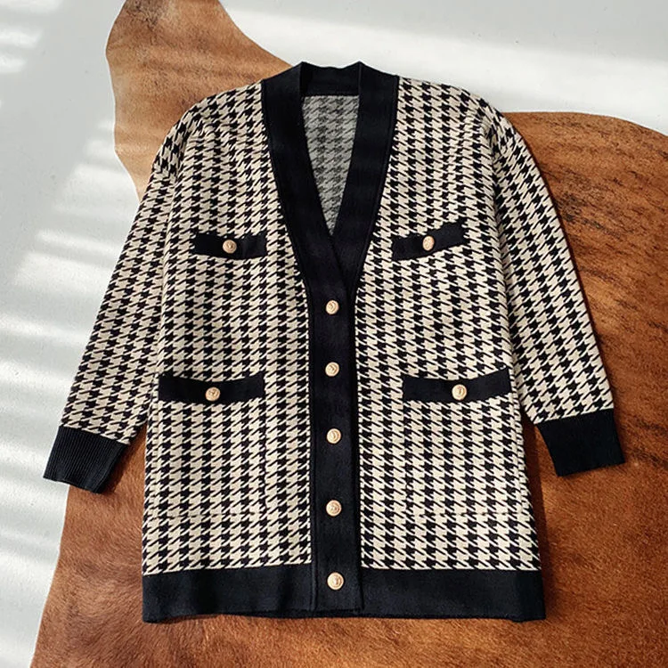 Thousand Bird Grid Coat Women's V-neck Loose European Knitted Cardigan Xiaoxiang Autumn and Winter New Style Grid Medium Sweater