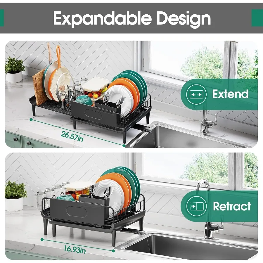 Extendable Dish Drying Rack for Kitchen Counter Large Expandable Dish Rack with Multifunctional Drainboard for Pan Pot Collapsi