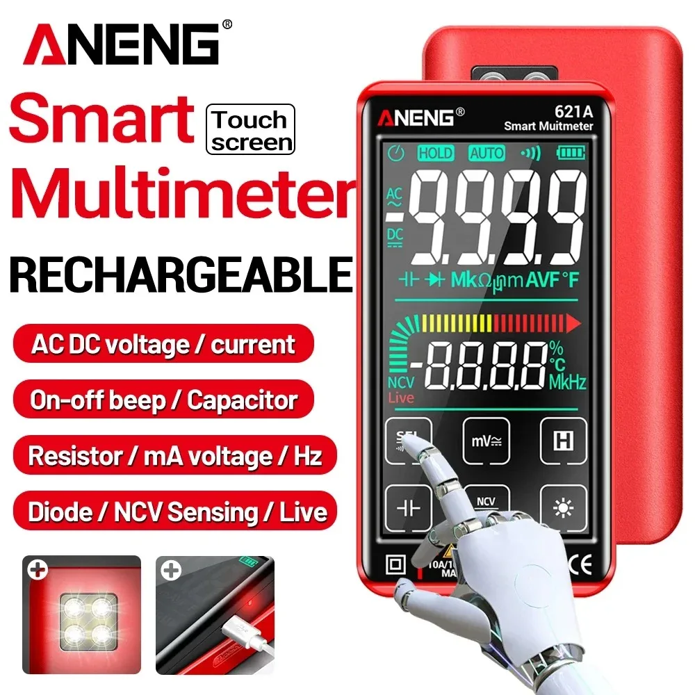 디지털 멀티미터 ANENG 621A 스마트 9000 카운트 AC DC 전압 전류 충전식 커패시터 다이오드 NCV 감지 멀티미터 도구