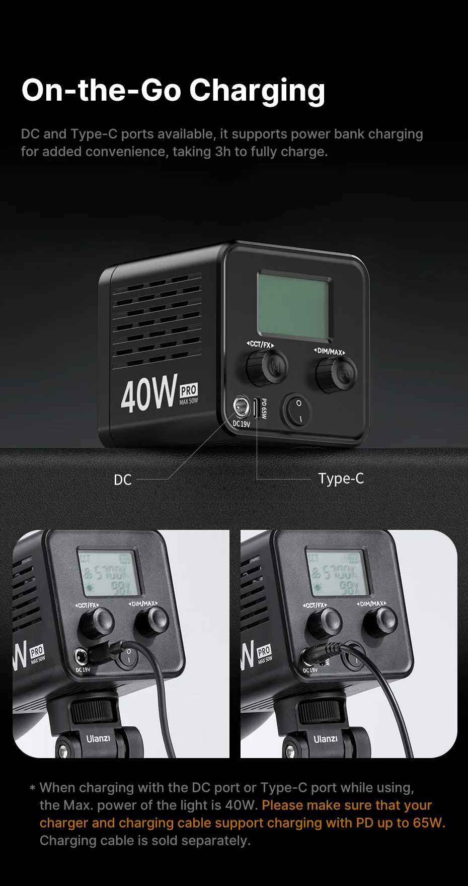 Description Picture 5 of itemUlanzi L023 40W Pro Video Light 3400mAh 2500-6500K Bi-color Photograph COB Led Video Light CRI 95+ for Outdoor Livestream