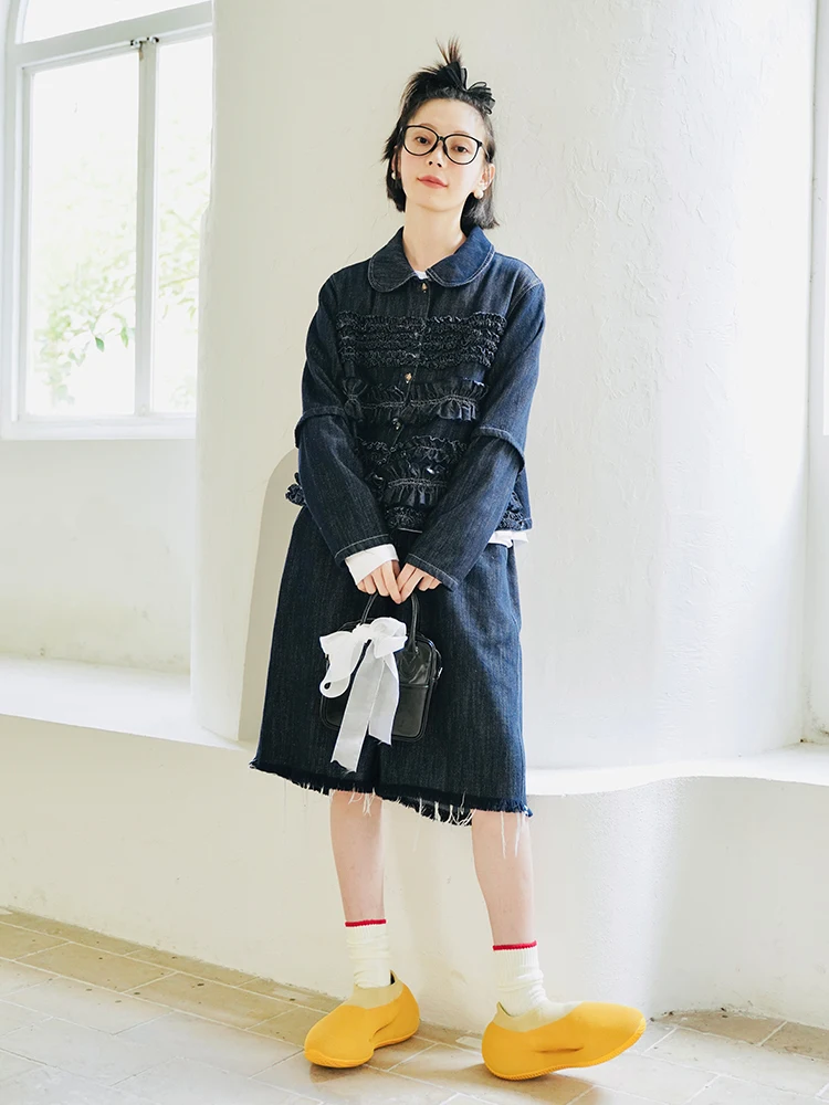 Imakokoni-오리지널 2022 초가을 레이스 헤비 인더스트리 데님 스몰 자켓, 긴팔 인형 칼라 라펠 카디건 탑, 여성용