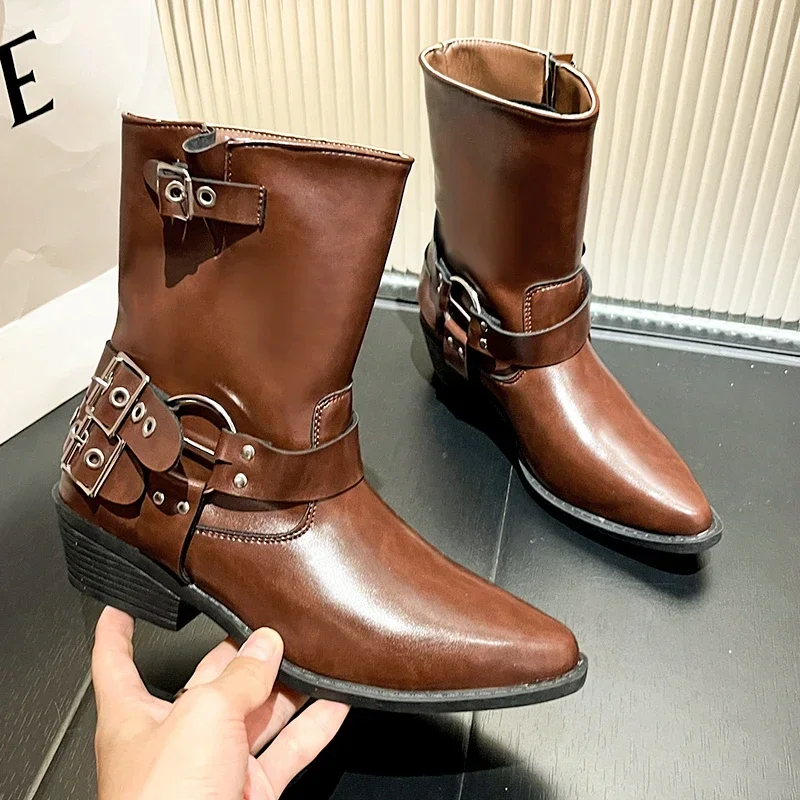 

Женские Модные Коричневые Высокие ботинки с пряжкой и ремешком, зимние дизайнерские удобные прогулочные ботинки с пряжкой, 2023