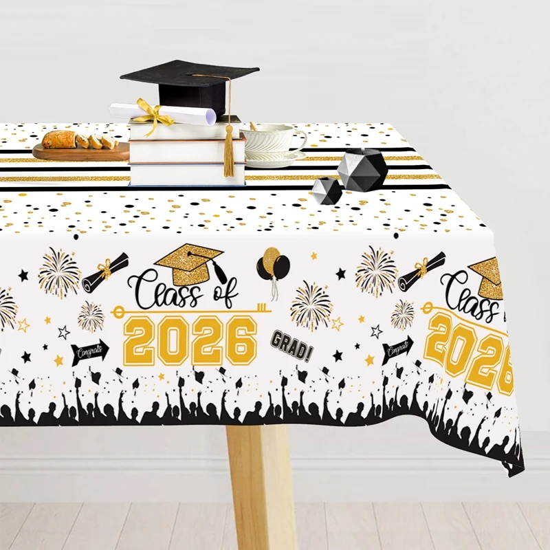 Weißgoldene Einweg-Tischdecke „Congrats Grad“, Abschlusskappe, Diplom, Tischläufer, Abschlussklasse 2026, Sterne, Abschlussfeier-Zubehör