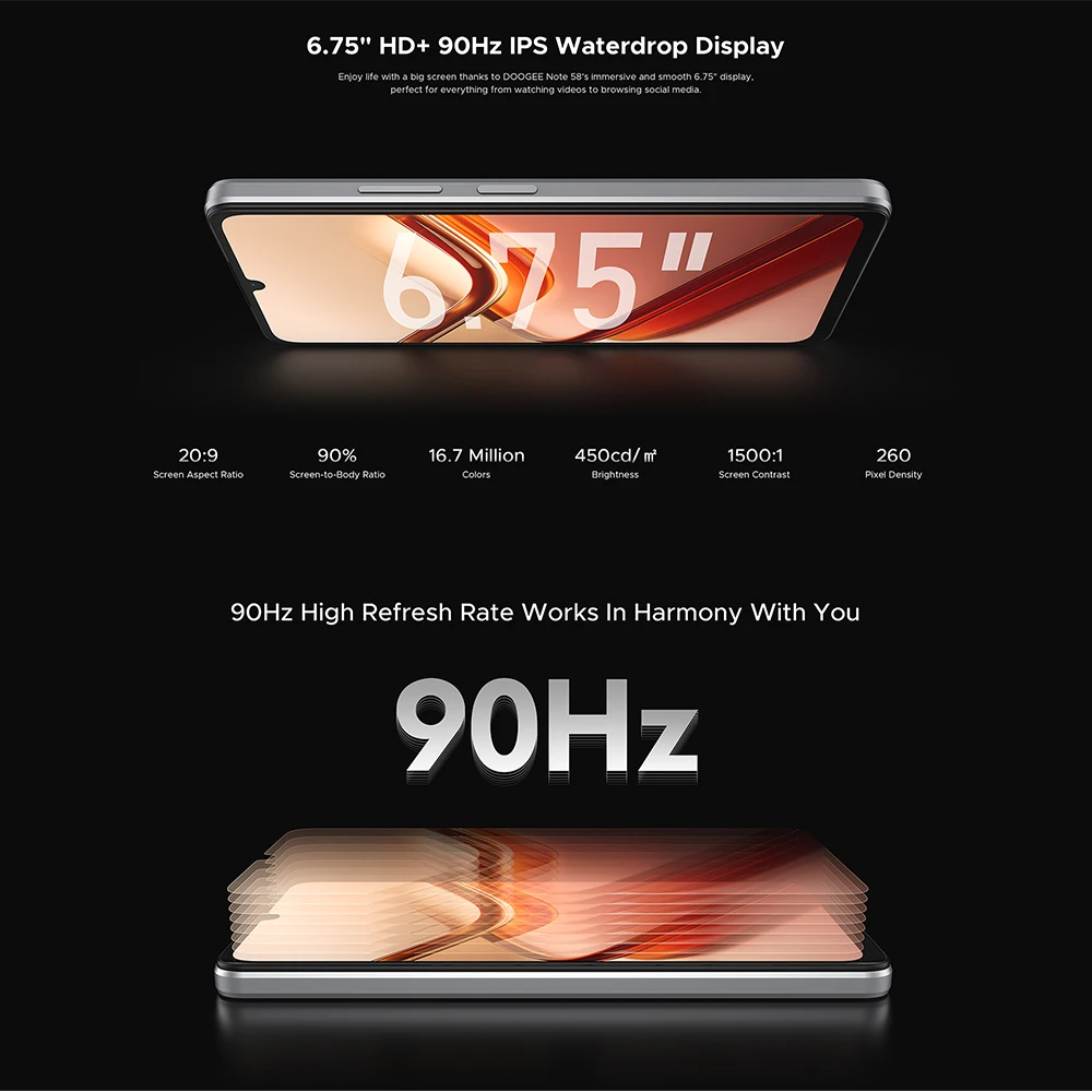 Global Version DOOGEE Note 58 Android 15 Smartphone 8GB RAM+128GB ROM 6.75" HD+ 90Hz IPS Screen 6250mAh Large battery 16MP NFC 6