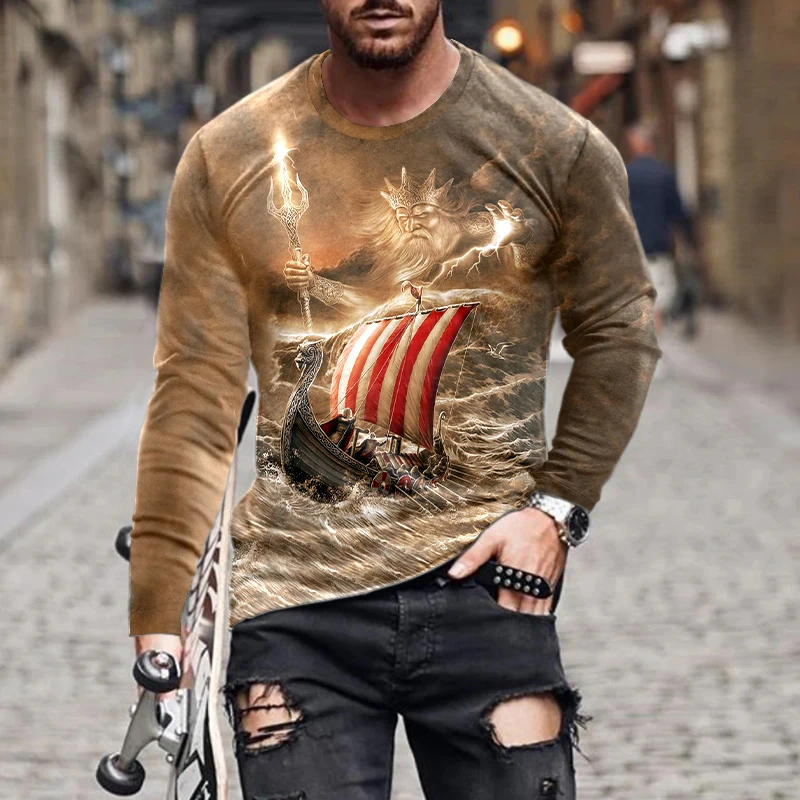 Vintage 3d Printed Long Sleeve Men's T-shirt Autumn New Style Personalized Street Casual Pullover Shirt Fashion Round Neck Shirt