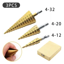 

3pcs 4 - 12 / 20 / 32mm Titanium Coated Metal Hex Core Drill Bits Hss Step Drill Bit Set Cone Hole Cutter Taper Metric with Box