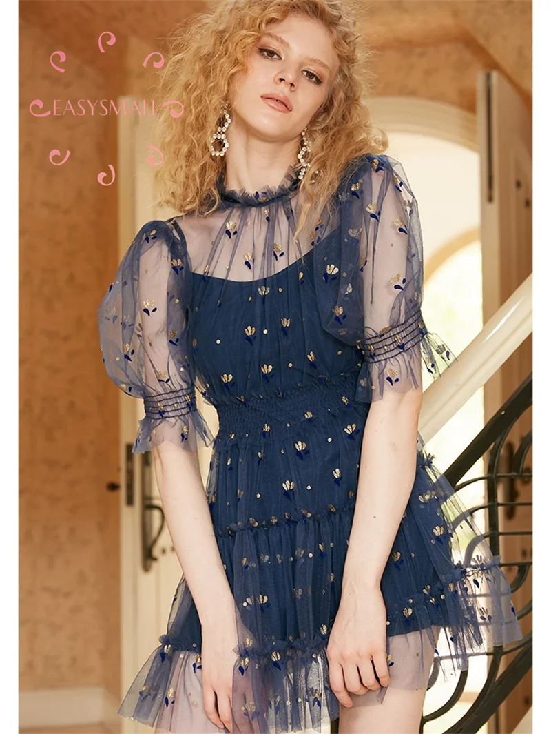 

Easysmall Alice Standing Neck Strap Mesh Bubble Sleeve Embroidery Waist Wrapped Round Neck Dress Holiday Dating Clearance Specia