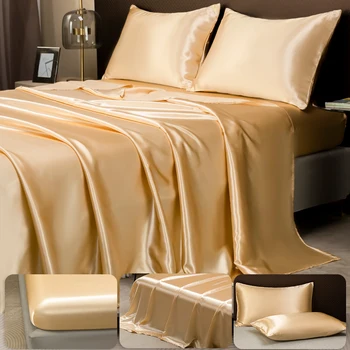 Parure de lit en satin de couleur unie opulente, comprend un drap plat, un drap-housse, des taies d'oreiller, des linge de luxe pour une expérience de sommeil royal 1