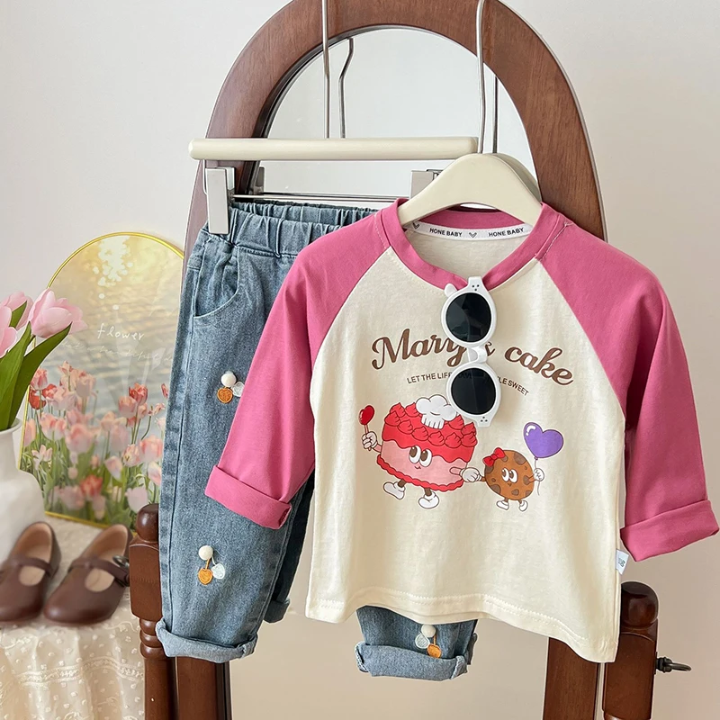 Loose Bottoming Shirt Contrast Cartoon Cute T-shirt 0-13Years Boys Girls Spring Clothing Kids Long Sleeve Casual Sports Tops
