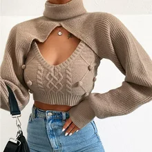 

2 piece set women autumn winter turtleneck crop sweaters vest knit top Sexy backless knitted chic new jumper