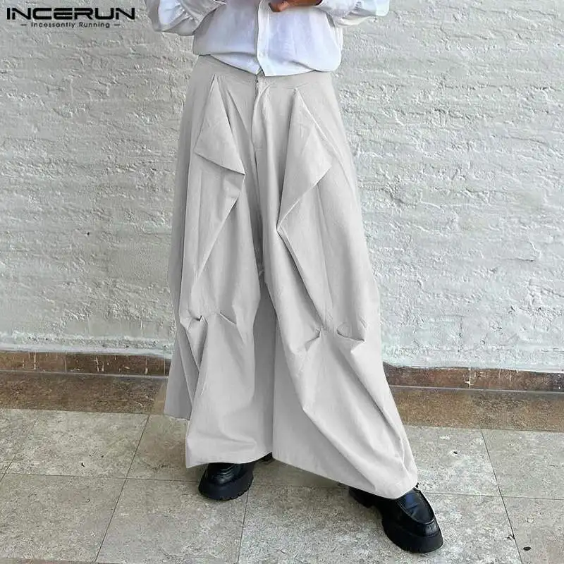 

2024 Men Wide Leg Pants Solid Color Button Casual Irregular Trousers Men Streetwear Loose Fashion Leisure Pantalon S-3XL INCERUN