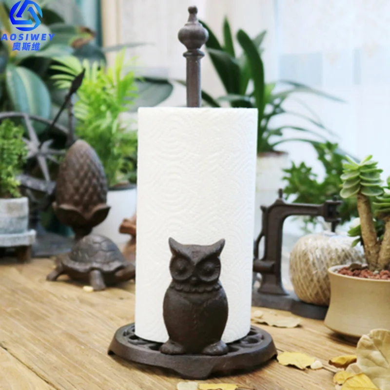 주철 올빼미 종이 타월 홀더, 빈티지 러스틱 주방 탁상 스탠딩 롤 냅킨 보관 랙, 금속 티슈 홀더