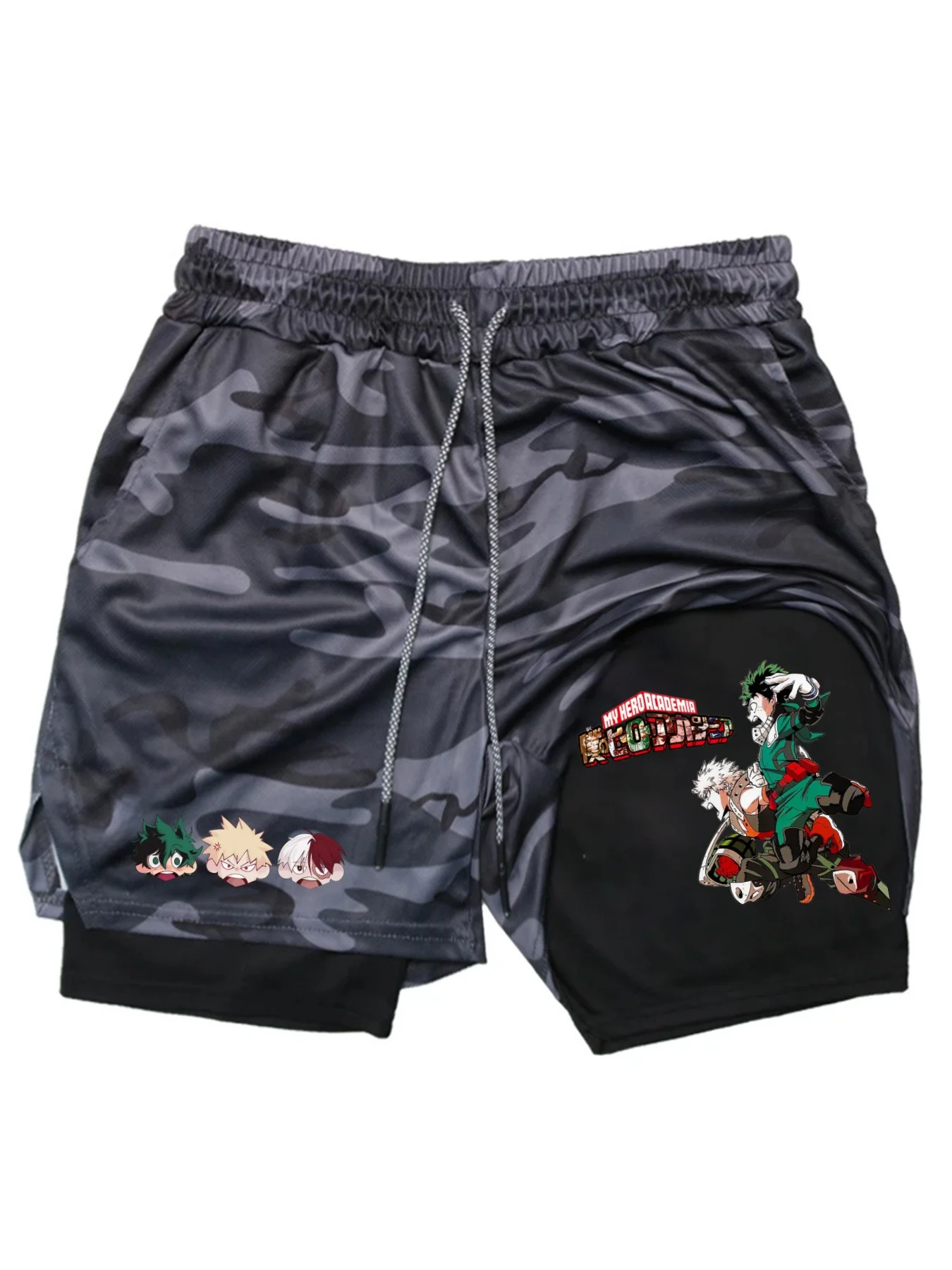 Men Double-deck Shorts Gothic Comprehensive Workout Summer Fashion Quick Drying Sports Fitness 2In1 Joggers Beach Running Short