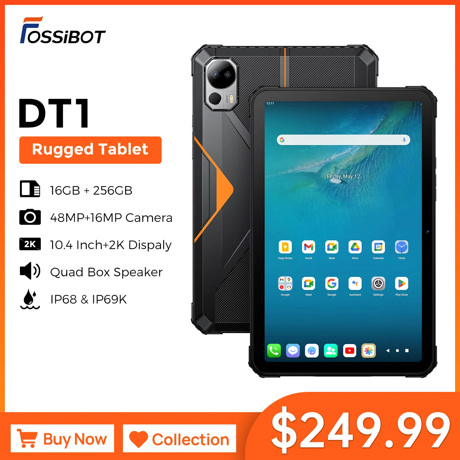 Fossibot Dt1 Tablet Robusti Android 13 11000Mah 10.4 "Fhd 2K Display 48Mp Fotocamera 16Gb 256Gb Tablet Pc
