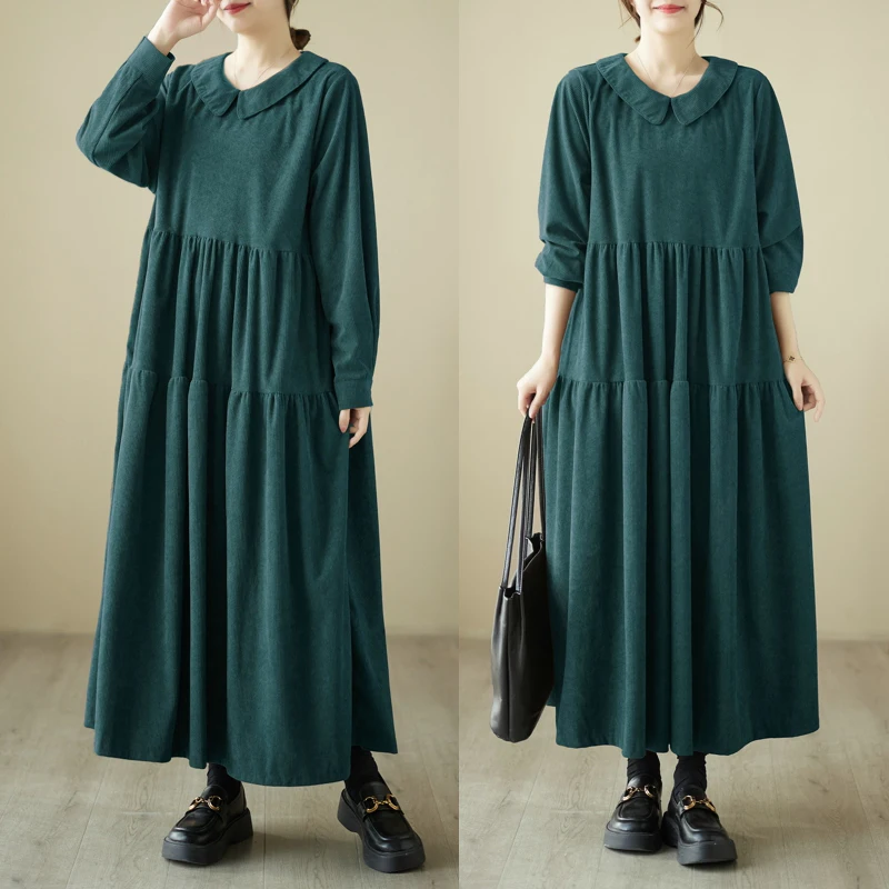 

2023 New Arrival Autumn Women Casual Loose Fit Peter Pan Collar Patchwork Long Sleeve Cotton Corduroy Ankle-length Dress V741