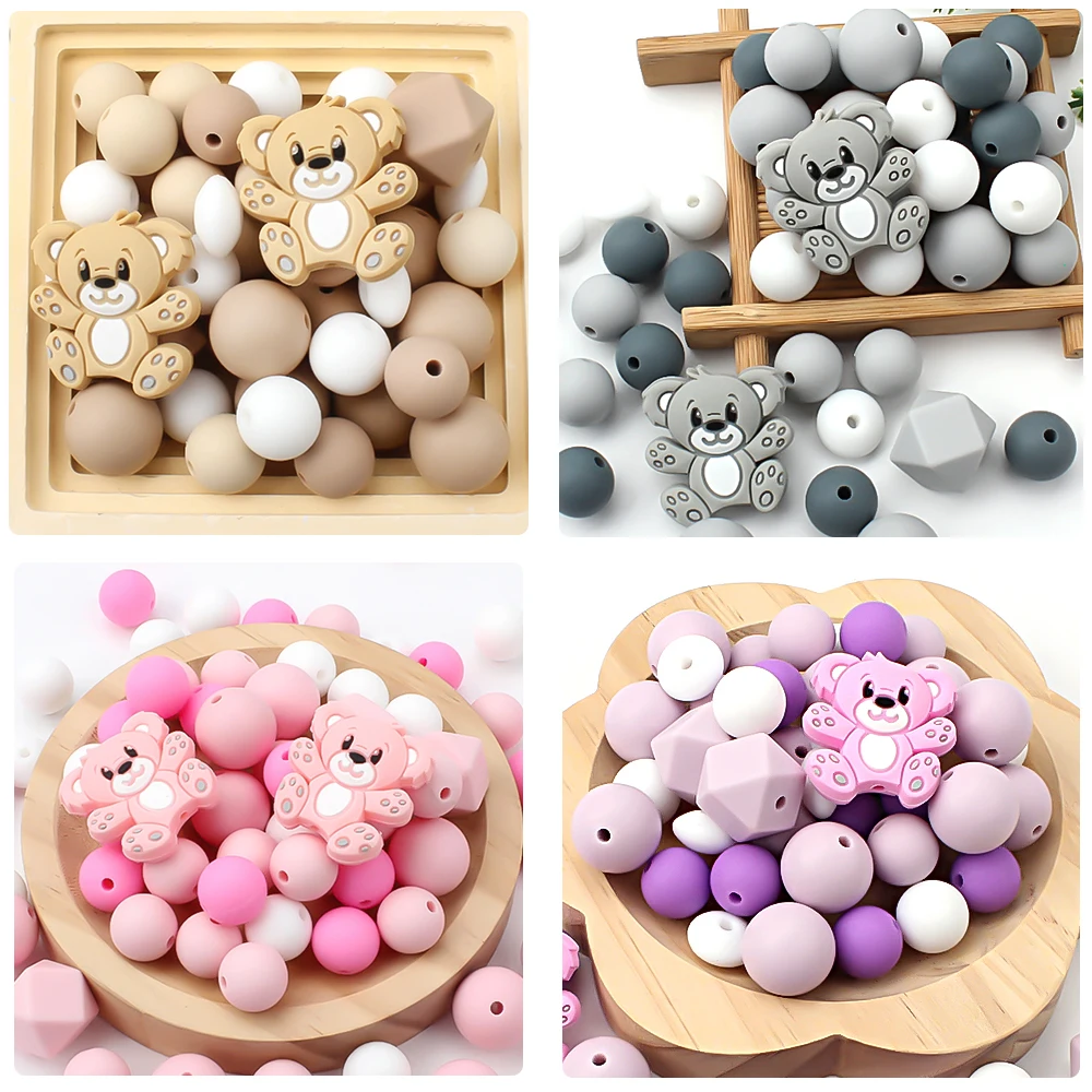 23Pcs Silicone Beads Bear Shape Round Beads Set For Jewelry Making DIY Bracelets Necklaces Food Grade Accessories Gifts
