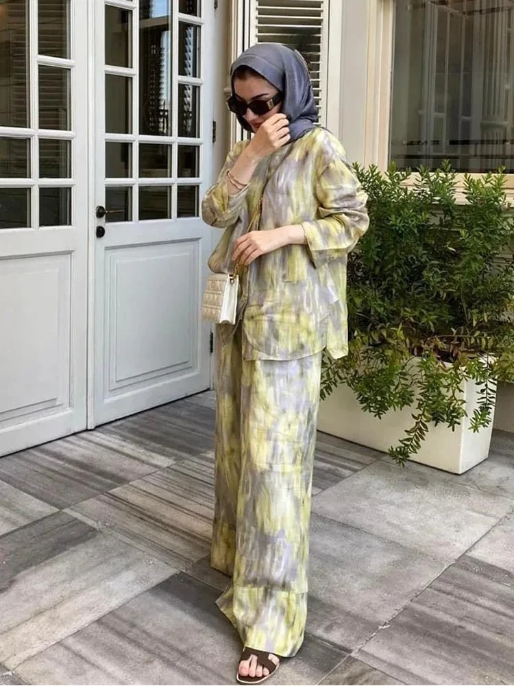 ZABA Women's Tie-Dye Printed Set Lapel Shirt Asymmetric Button Long Sleeve Shirt and Casual High-Waisted Loose Wide-Leg Trousers