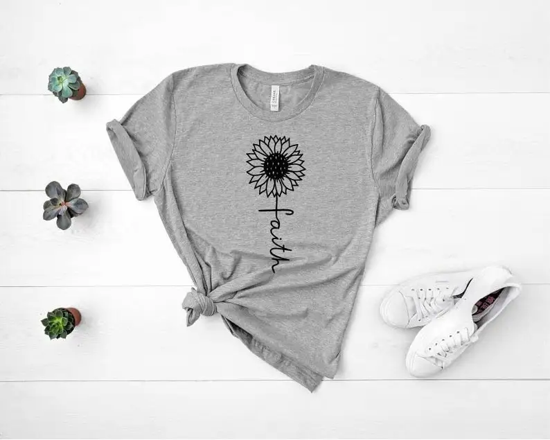 

Sunflower Faith Shirt, Sunshine Plant Flower Gift for Her Gift for Him Religious Christian Cotton O Neck Female Short Sleeve