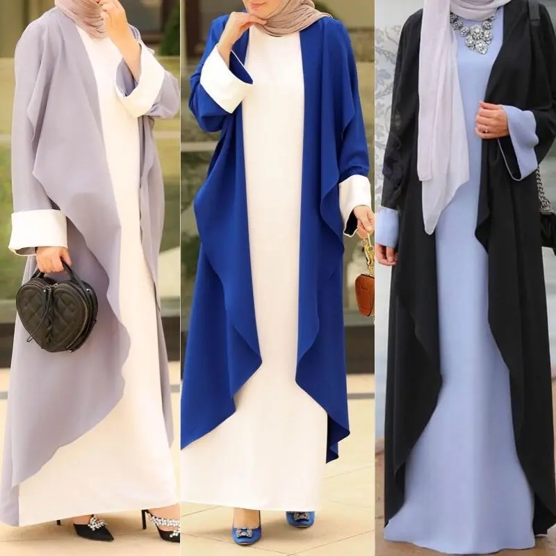 

Eid Middle East Women Abaya Fake Two Pieces Color Patchwork Loose Long Smock Muslim Ramadan Abayas Clothing Jalabiya Elegant