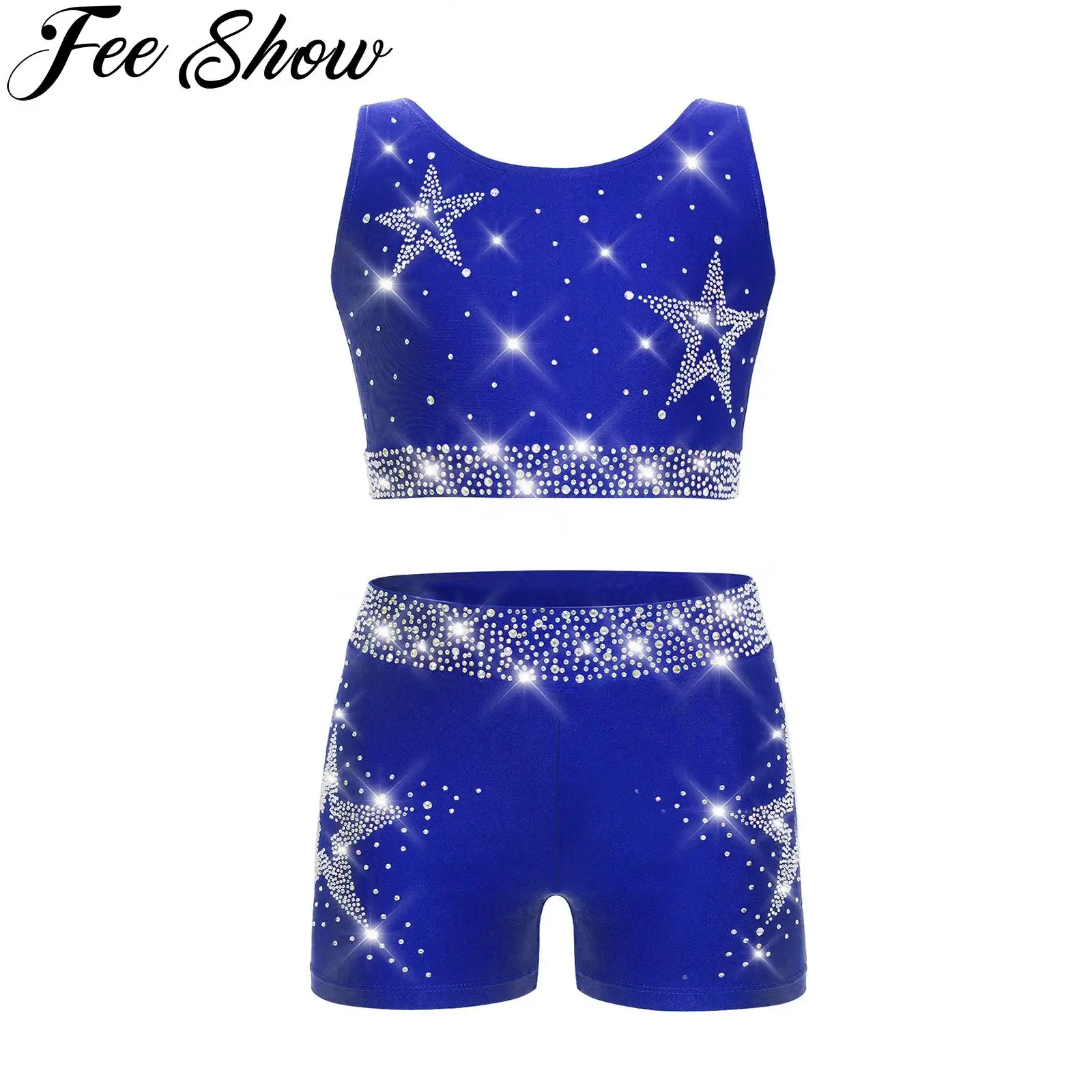 Bambini Ragazze Balletto Danza Ginnastica Vestito Pattinaggio di Figura Acrobazie Performance Dancewear Strass Lucidi Gilet Corto con Pantaloncini