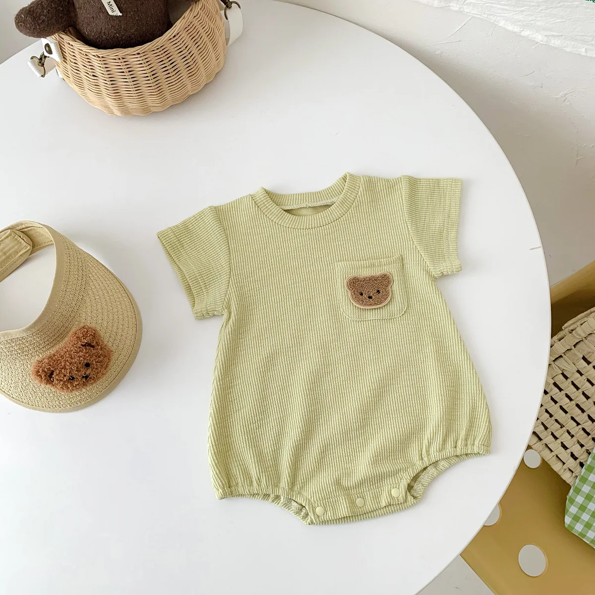 2025 Baby Summer Newborn Baby Boys Bodysuit Bear Round neck Short Sleeve Solid Cotton Triangle Romper Toddler Boys Jumpsuit 6