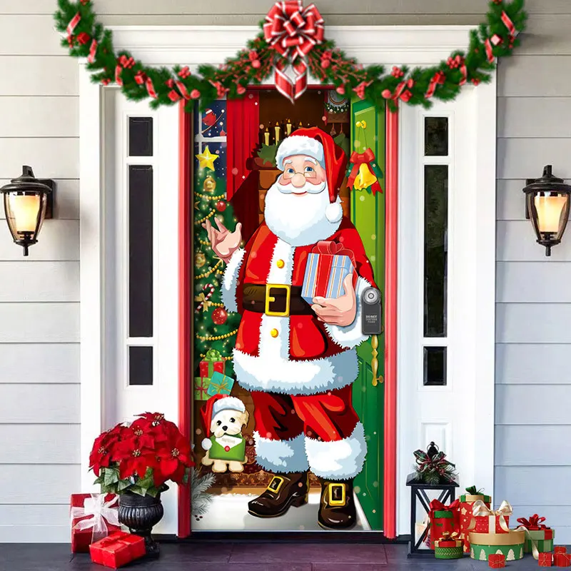 thumbnail image 1 of Banner de fondo navideño de poliéster con diseño de Papá Noel, alce y muñeco de nieve para puerta, decoración colgante para Año Nuevo 2025, 1 of 5