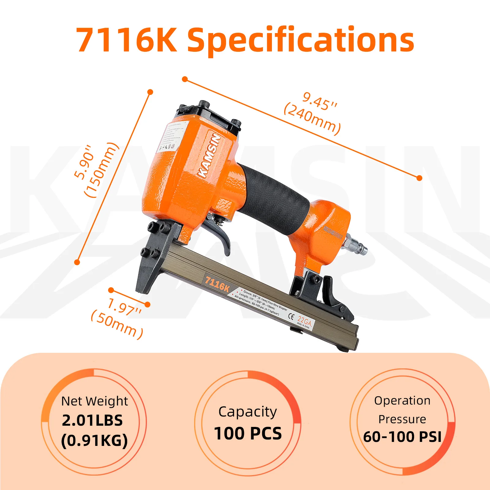 KAMSIN DIY Furniture Construction Stapler 7116K 22Gauge Pneumatic Upholstery Stapler Gun 2