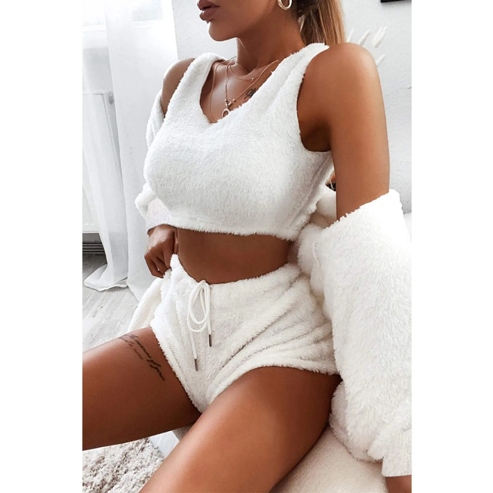 Women'S 3 Pieces Plushcoat Tank Top Shorts Lacing Short Cardigan Loose Coat Sleepwear Set Soft Loungewear Sleepwear For Women