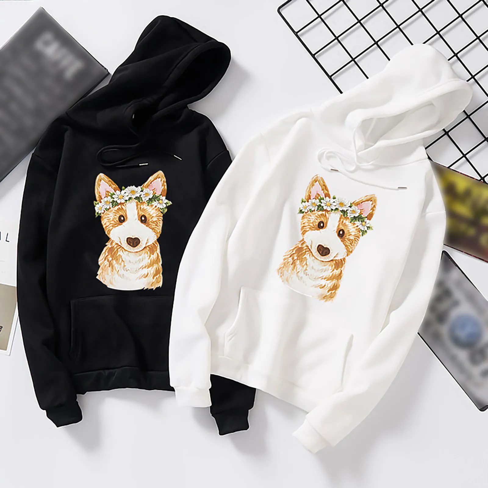 

Harajuku Korean Hoodies Womens Dog Print Plus Velvet Hooded Sweatshirts Long Sleeve Oversize Y2k Hooded Sudadera Female