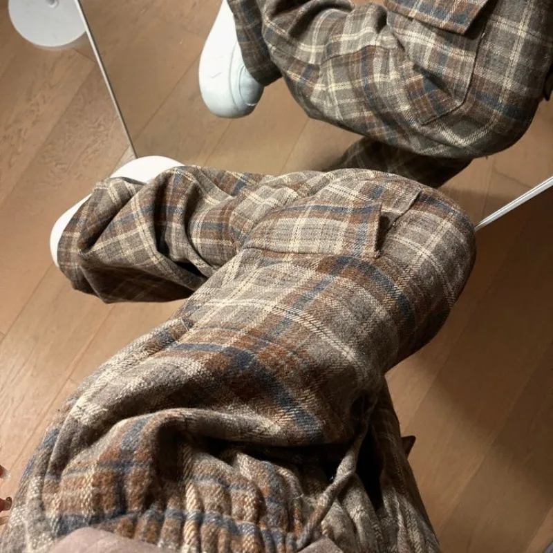 

Deeptown Vintage Plaid Woolen Pants Women Korean Style Oversized Sweatpants Pockets Japanese Harajuku Baggy Trousers Retro Trend
