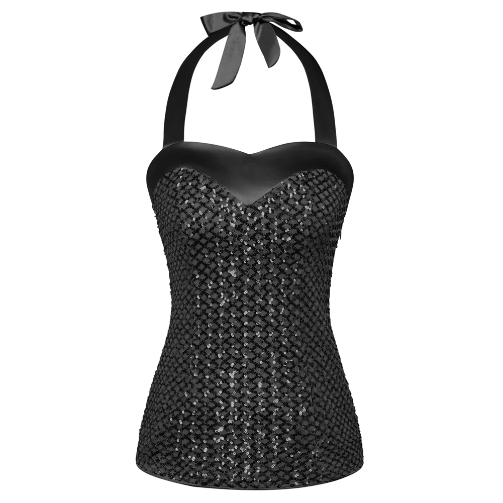 

BP Women Sequined Tops Sleeveless Vintage Backless Satin Patchwork Halterneck Tops Slim Fit Crop Top Women Summer Blouse