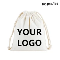 Wholesale 100pcs/lot Custom Logo Printed Natural Cotton Drawstring Pouch Gift Package Bags Personalize Texts Plain Storage Pouch 1