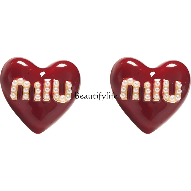 

New Year Red Heart-Shaped Ear Studs Women Niche Design All-Match Fashion Earrings Autumn and Winter High Sense Graceful Earrings