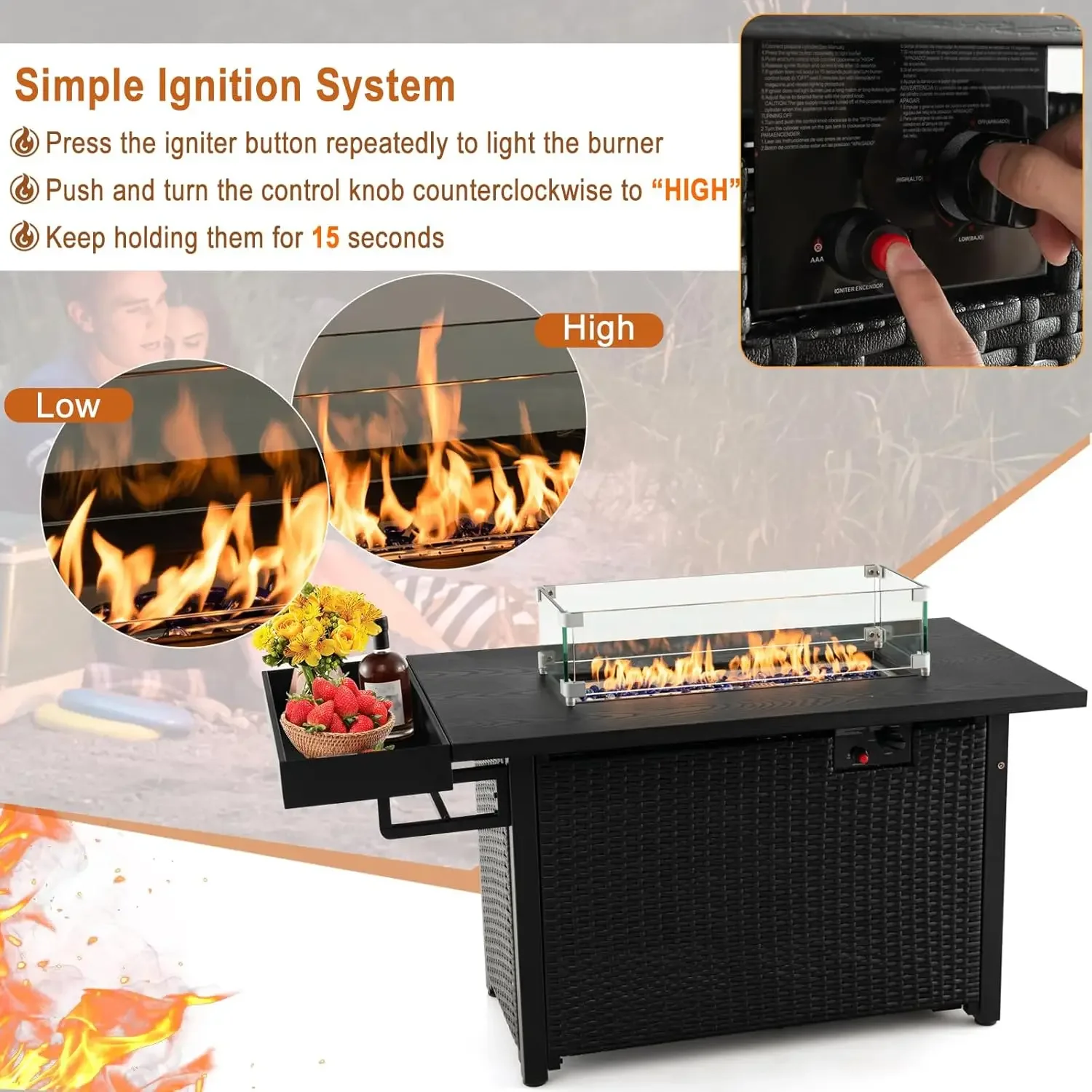 Giantex 52" Outdoor Propane Fire Pit 50,000 BTU Wicker Patio Gas Fire Table Lid Waterproof Cover Tempered Glass Wind
