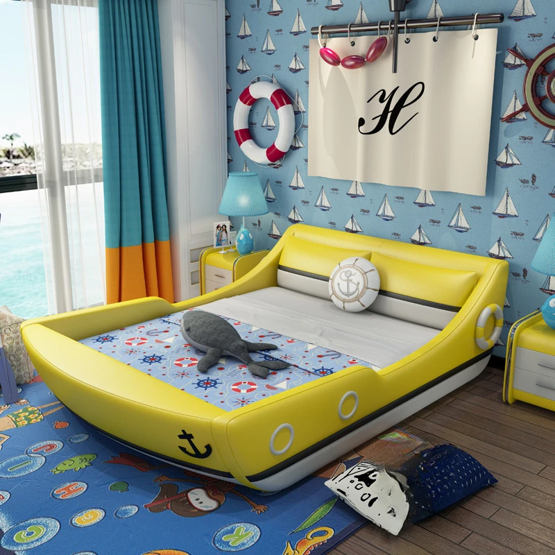 

King Size Kids Double Boat Bed Modern Unique Nordic Frame Queen Double Bed Boys Space Saving Cama Box Casal Bedroom Furniture