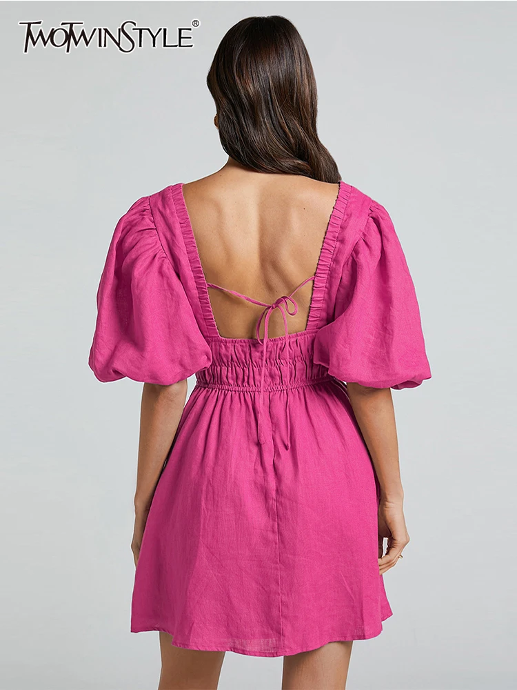 

TWOTWINSTYLE Designer Solid Dresses For Women V Neck Puff Sleeve Backless High Waist Tunic A Line Folds Dress Female Fashion new