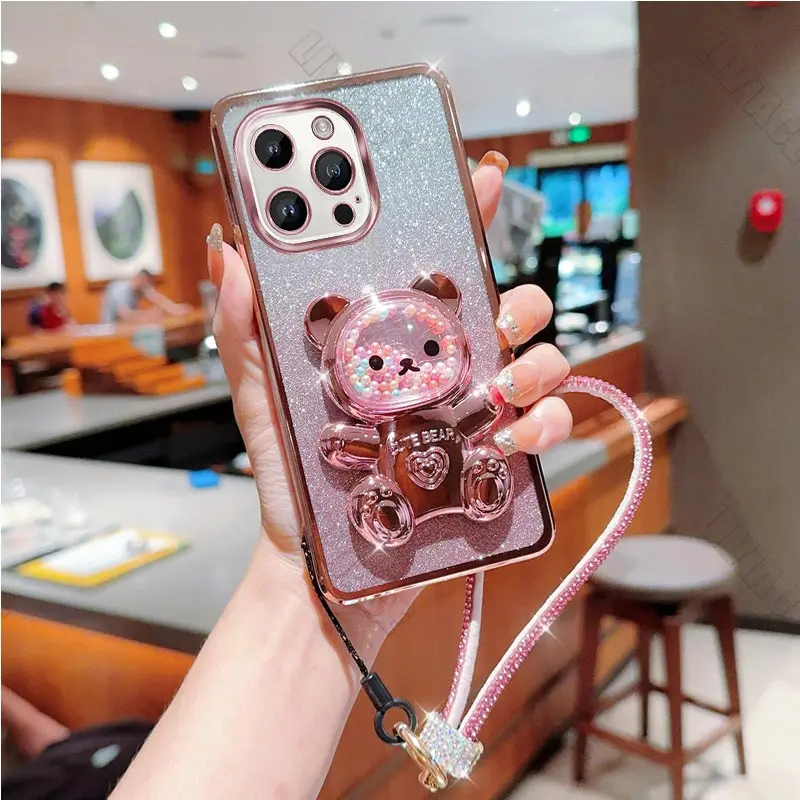 Diamond Strap Glitter Bear Phone Holder Case On For iPhone 15 14