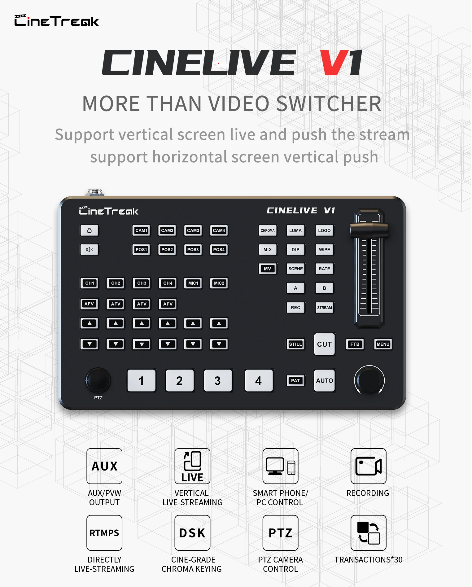 Cinetreak Cinelive V1 4-CH HDMI Video Mixer Switcher FHD compatible for Live Str