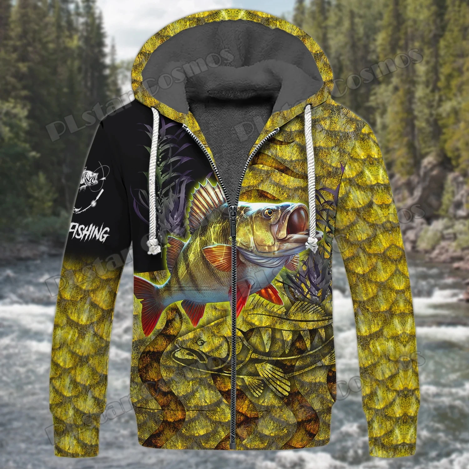 Yellow Perch Fishing on skin 3D Printed Fashion Men's Fleece Zip Hoodie  Unisex Casual Winter Thicker Warm zipped jacket JH14