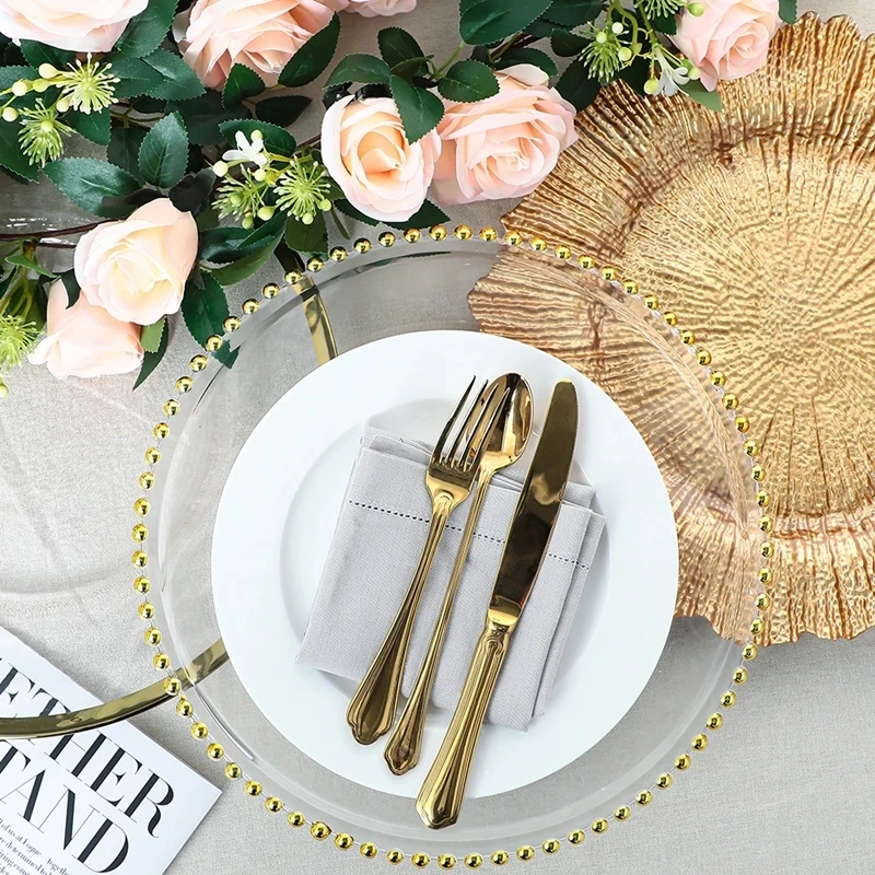 

Clear Charger Plate with Gold Beads Rim, Disposable Party Tableware, Wedding Xmas Party Decor, 100 Pcs