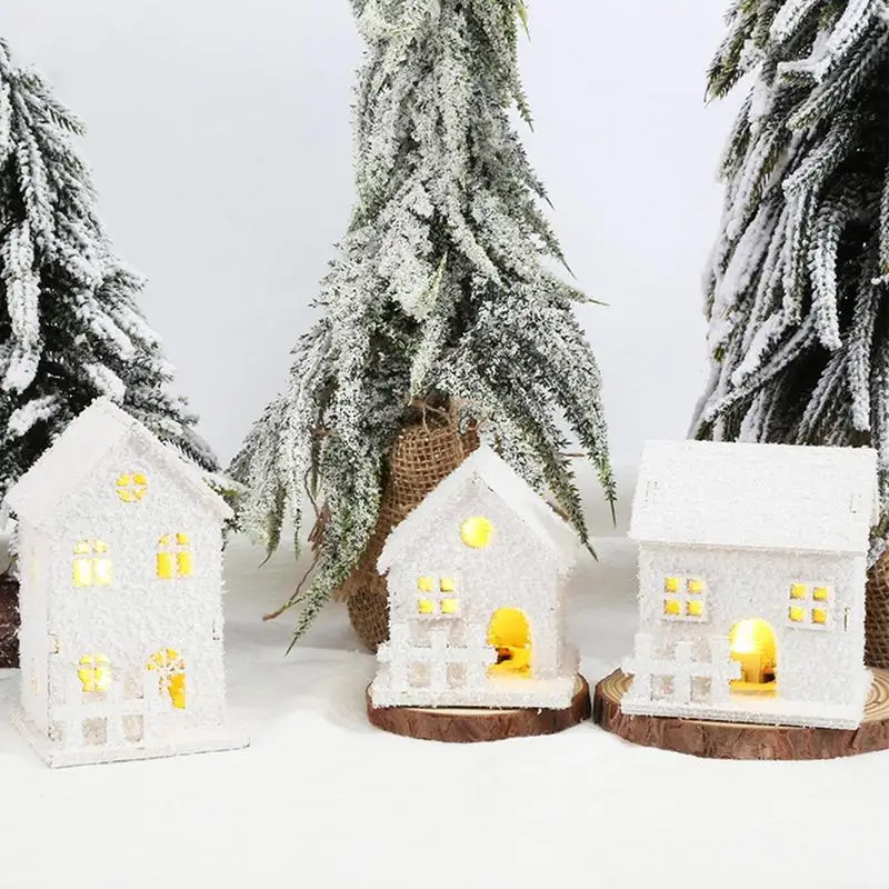 Christmas LED Light Wooden House White Snow Luminous Cabin Christmas Tree Hanging Ornament Glowing Castle Gift New Year