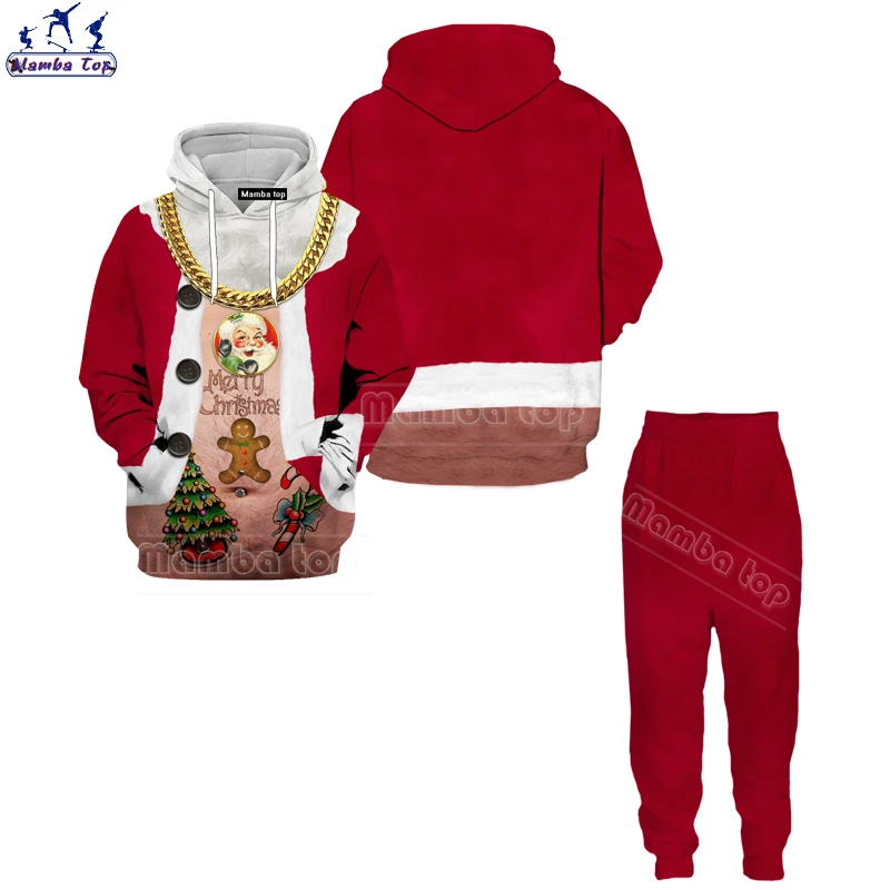 

Топ Mamba, Рождественские толстовки, мужские брюки, комплект из двух предметов, одежда с Санта Клаусом, женская рубашка с капюшоном и 3D принтом, аниме брюки, Новогодний подарок