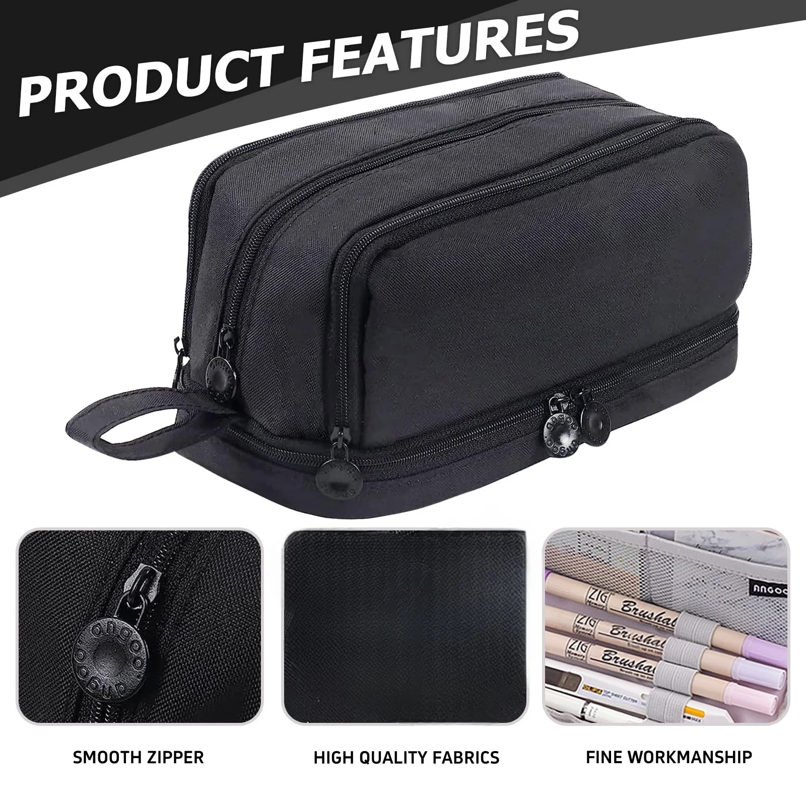 Spacious Black Pencil Case with Multi-Layer Design and Convenient Handle - Perfect Back-to-School Gift
