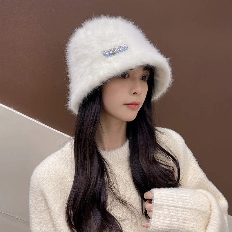 

Bucket Hat Hats Caps Fur Rabbit Dome Winter Hats for Women Solid Casual Outdoor Wide Brim Bucket Hat Women Gorros Invierno Mujer