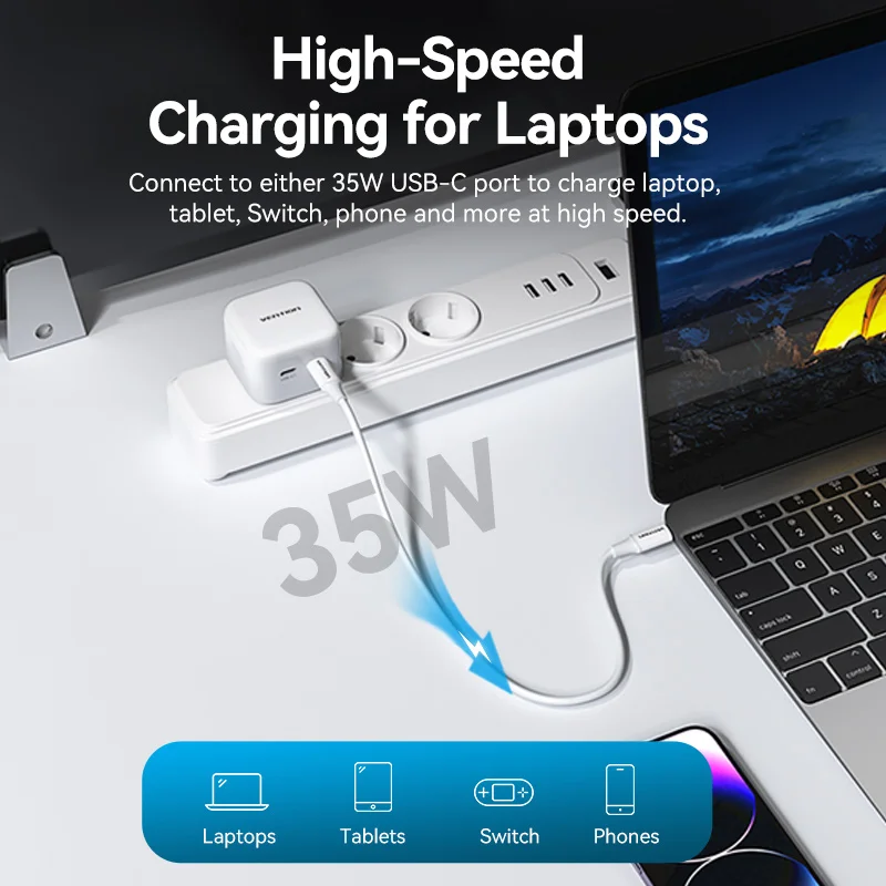Vention 35W GaN Fast Charger USB Type C Charger For iPhone 14 13 Samsung iPad Switch QC 3.0 Quick Charge for Travel PD Charger