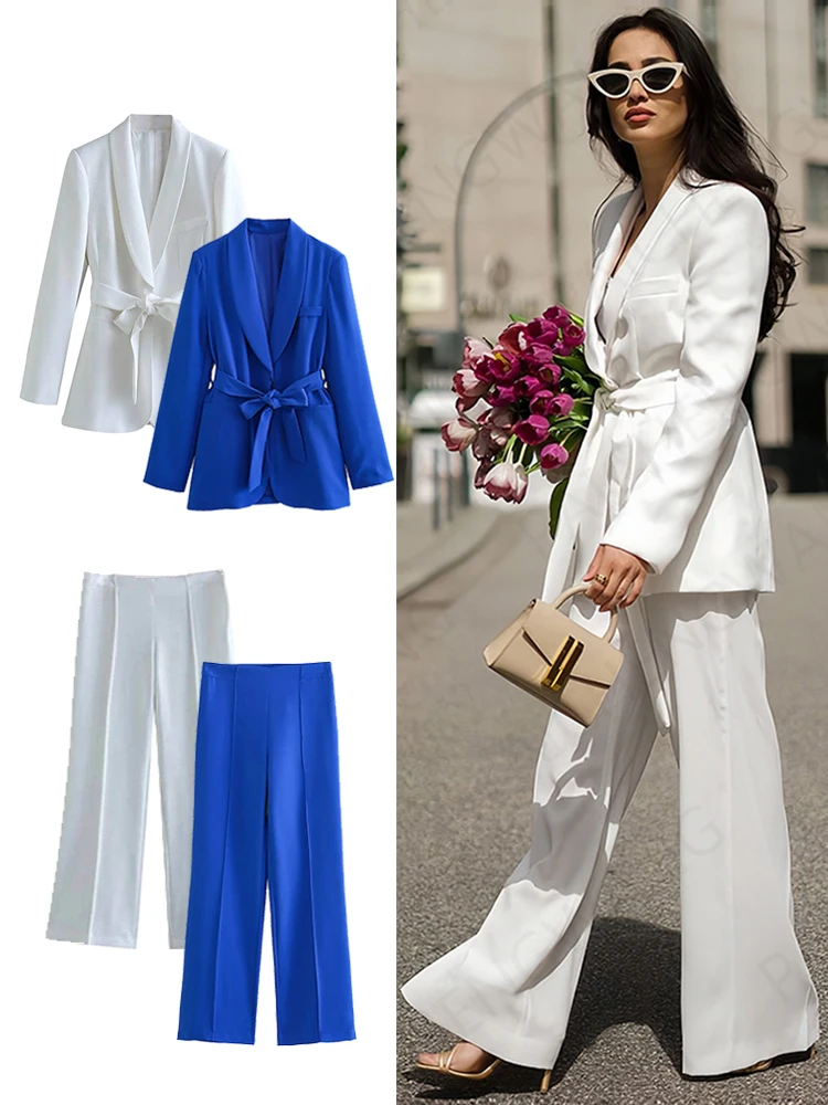 ZBZA Casual Women's Long Sleeve V-Neck White Blazer + High Waisted Wide Leg Trousers Office Ladies Black Blazer Suit Fashion Top