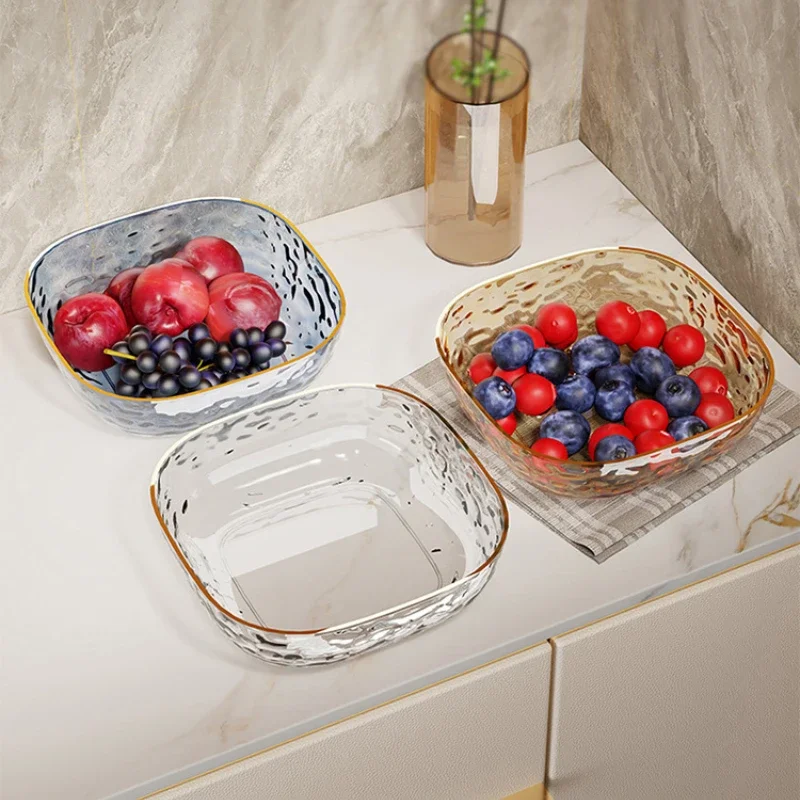 Light Luxury Household Fruit Bowl Salad Dessert Biscuit Plate Plastic Square Transparent Tray Golden Edge Snack Plates Tableware
