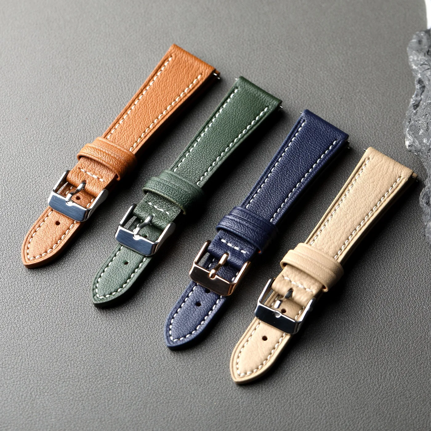 Handgefertigtes französisches Ziegenlederarmband 18 19 20 21 22 mm Schnellverschluss-Armband aus weichem Leder, geeignet für antike Uhren in Blaugrün