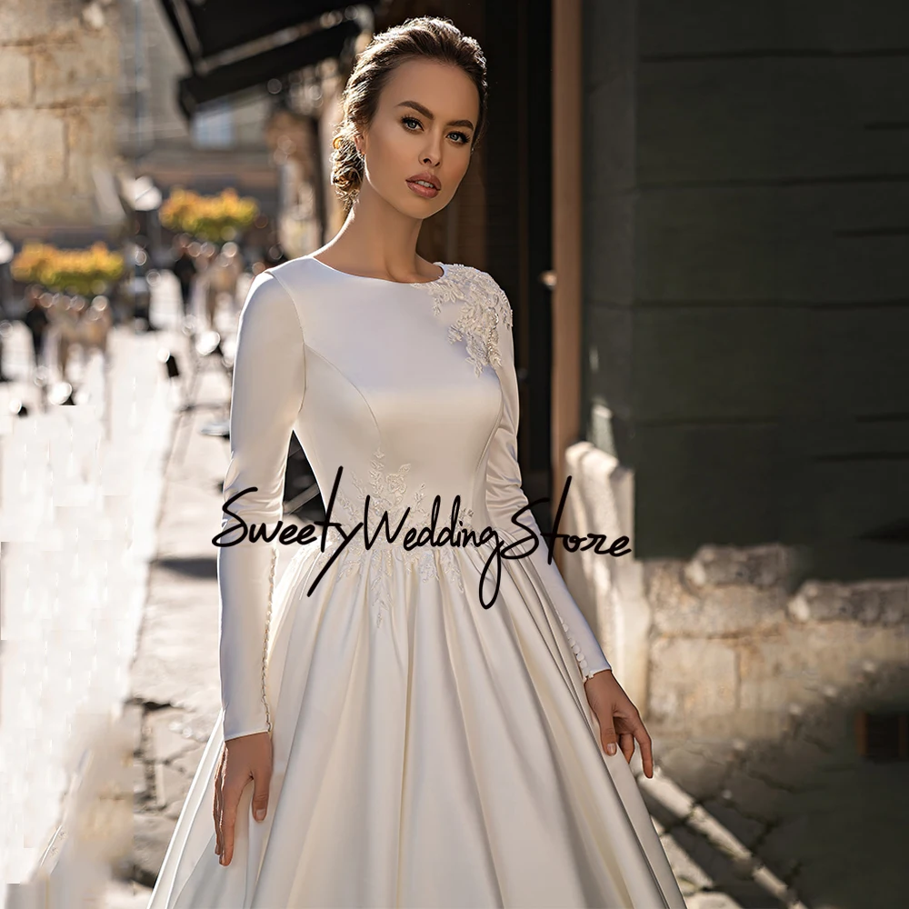 Muslim Wedding Dress Vestido De Noiva Customized Long Sleeves Sequin Applique Sweep Train Arabic Satin Bridal Gown for Bride 6